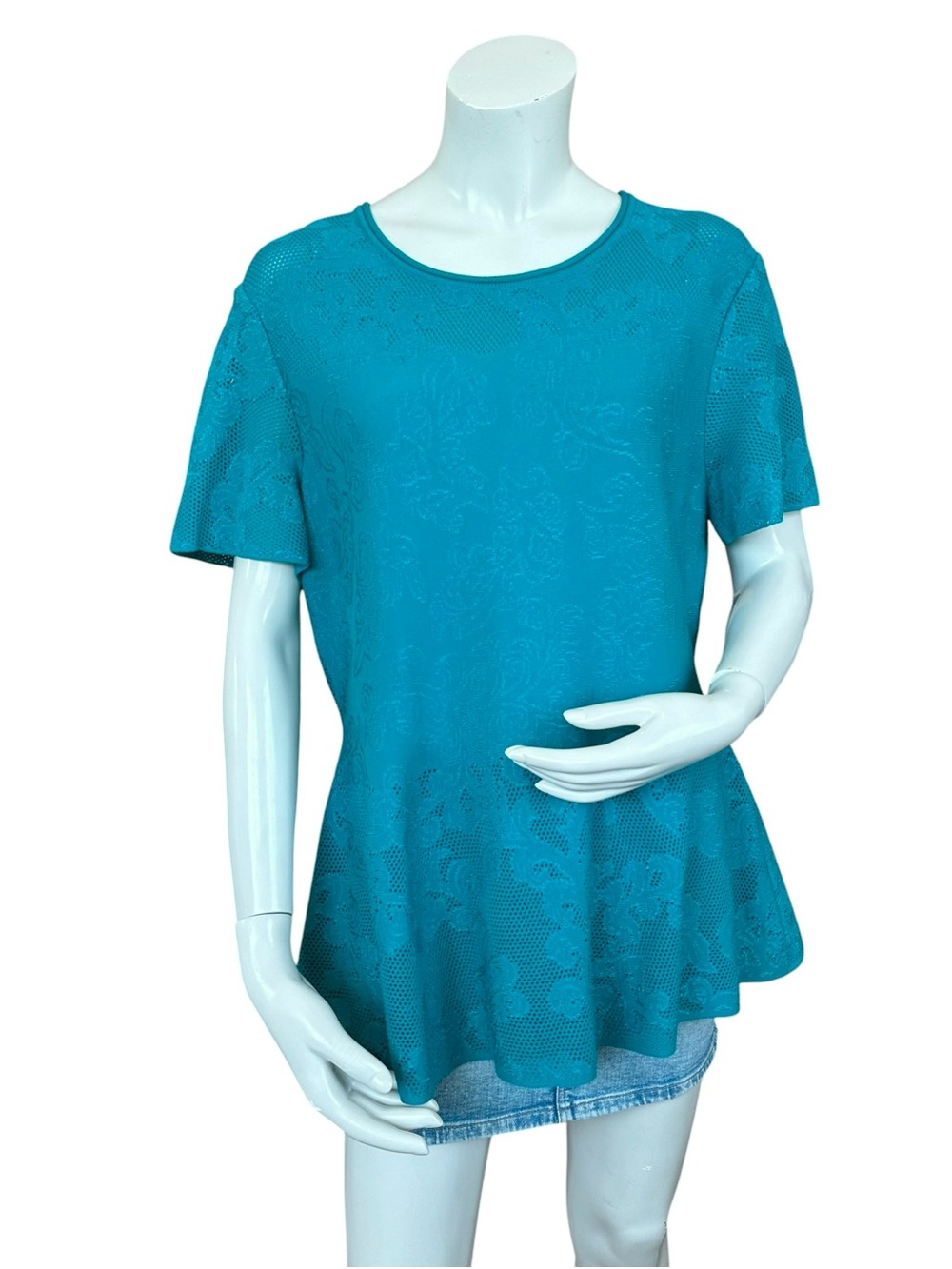 St. John Boutique Teal Jacquard Short Sleeve Peplum Paisley Blouse Size XL - Picture 3 of 11